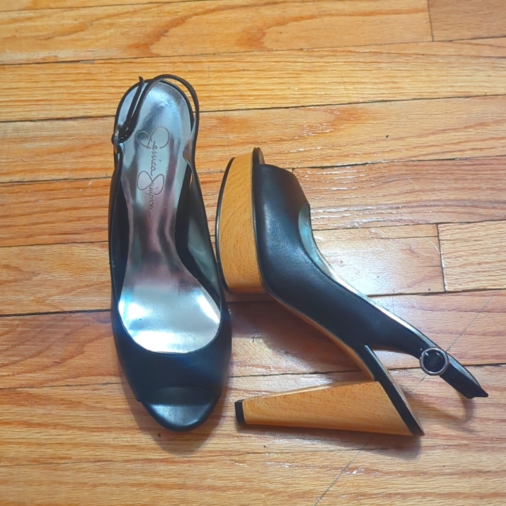 Jessica Simpson Black Leather Open Toe platform pumps 8.5